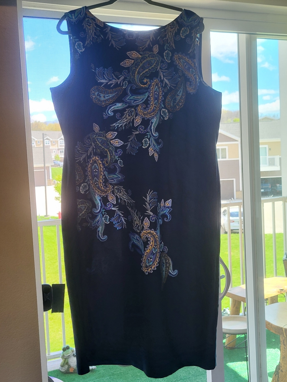 Sleeveless Blue Midi Dress with Blue and Gold Paisley Embroidery
